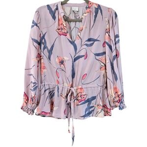 A New Day Floral Peplum Blouse Lavender Purple Drawstring Waist Balloon Sleeve M